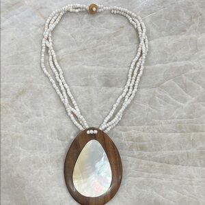 Elegant White and Brown Beaded Necklace with Mother of Pearl